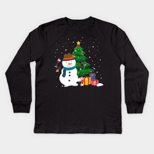 Funny Snowman Drinking Wine Christmas Tree Kids Long Sleeve T-Shirt